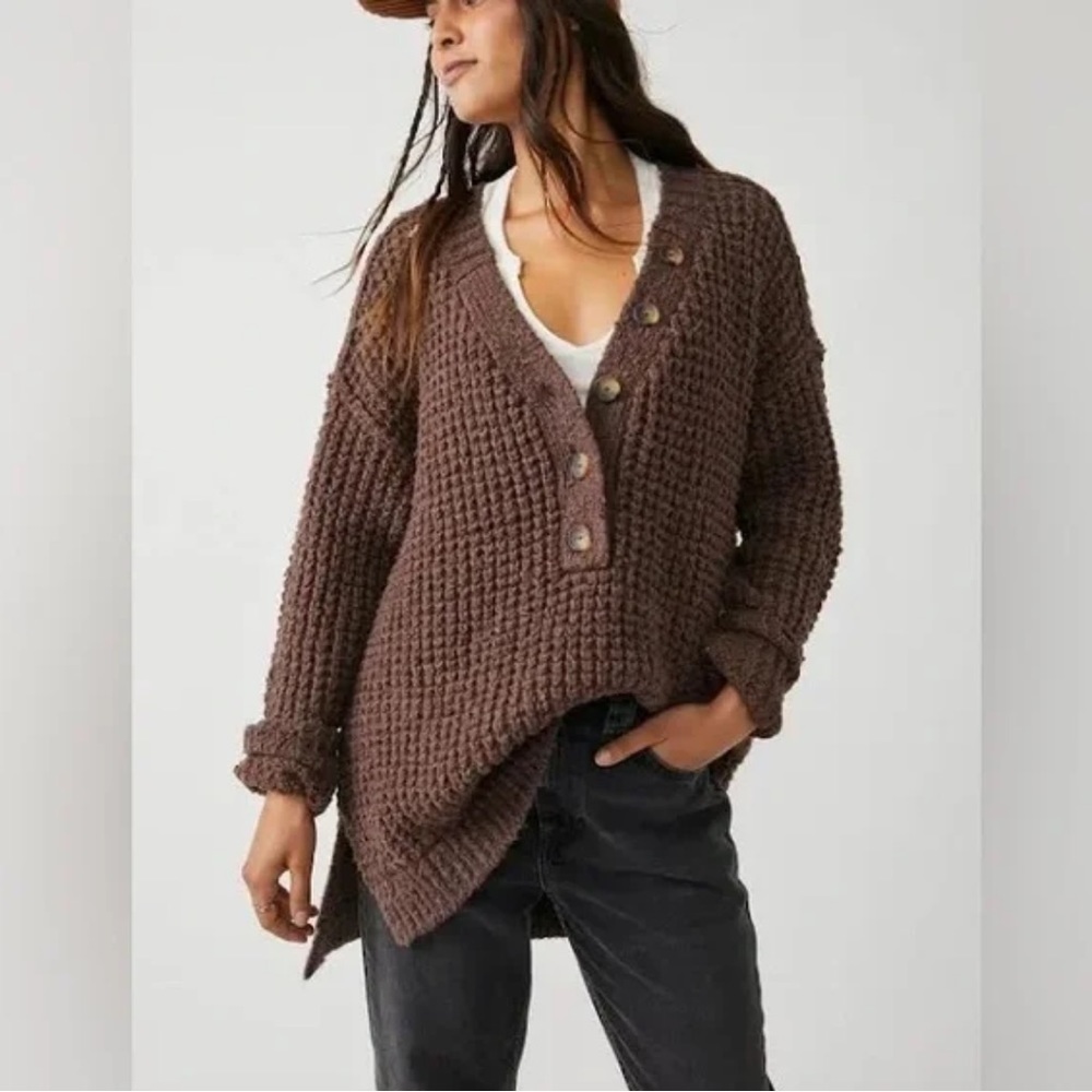 Free People Whistle Slouchy Thermal Henley Sweater Tunic Top in Brown